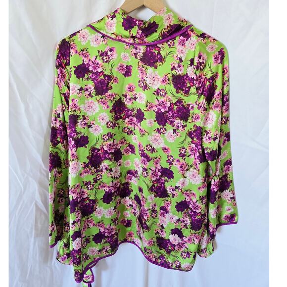 Giovanna Nicolai Green Purple Floral Satin Wrap Tie Top Blouse Sz 46/L - Picture 4 of 6